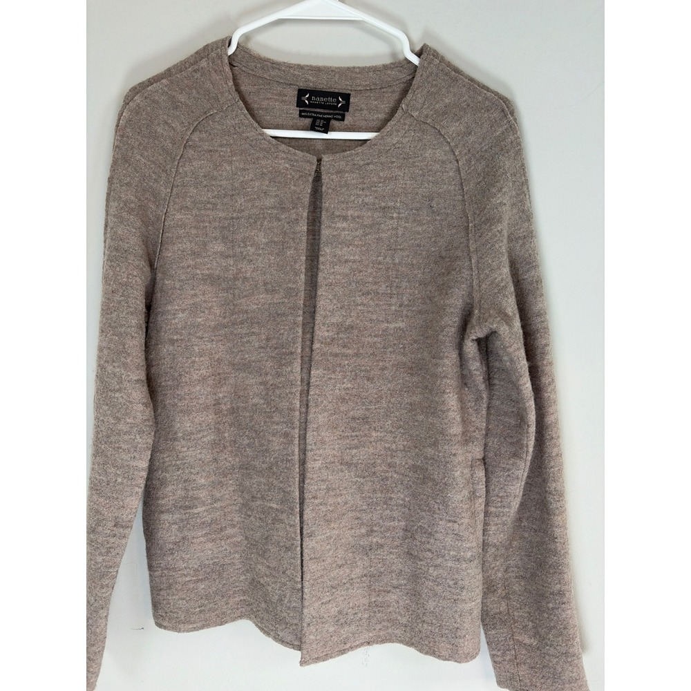 Nanette Lepore Merino Wool Cardigan Sweater Taupe Brown Open Front Medium